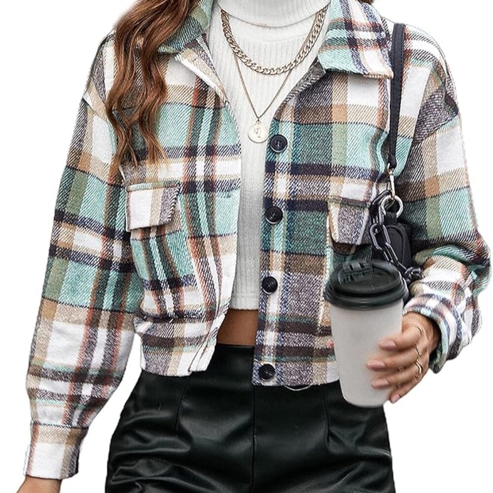 Cropped green plaid jacket